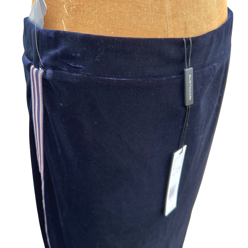 NWT Elie Tahari Velvet Midi Skirt Navy L‎ Side Stripe Office Siren Sporty Chic - Picture 9 of 16